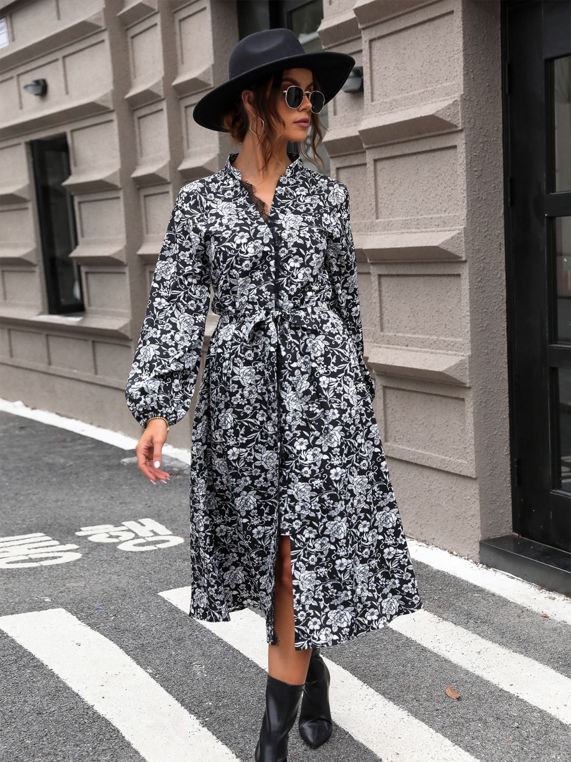 Perfee Lace Detail Printed Long Sleeve Midi Dress