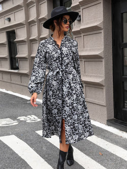 Perfee Lace Detail Printed Long Sleeve Midi Dress