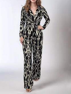 Full Size Leopard Tie Waist Long Sleeve Jumpsuit Plus Size