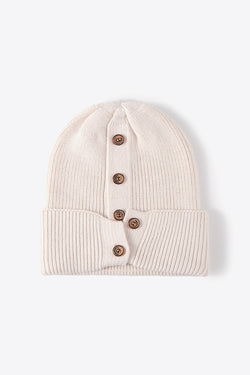 Button Detail Rib-Knit Cuff Beanie