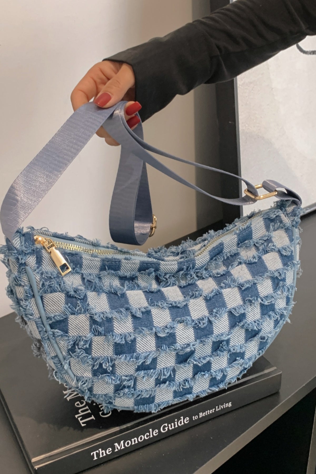 Raw Hem Checkered Denim Crossbody Bag