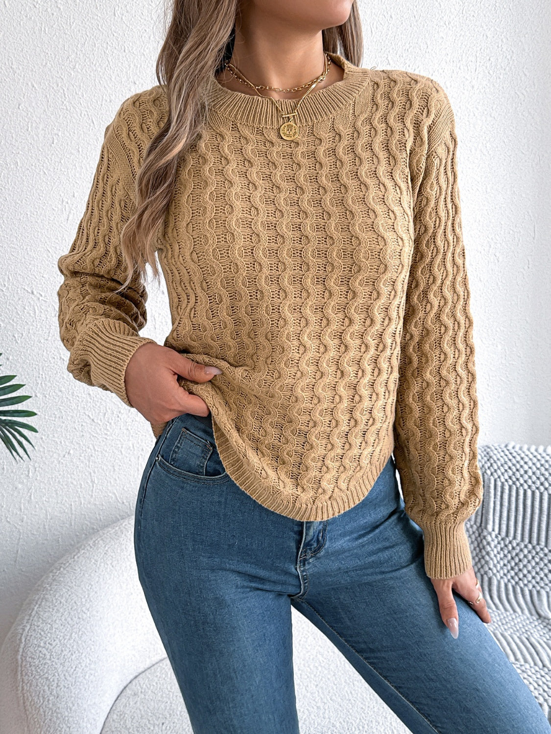 Asymmetric Hem Round Neck Long Sleeve Sweater