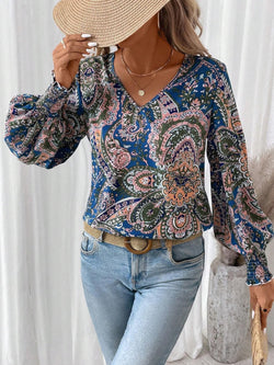 Printed V-Neck Lantern Sleeve Top