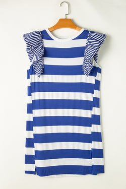 Ruffled Striped Round Neck Cap Sleeve Mini Dress