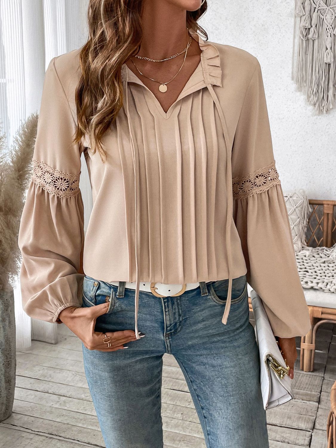 Perfee Frill Tie Neck Long Sleeve Blouse