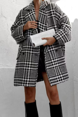 Houndstooth Collared Neck Long Sleeve Coat with Pockets