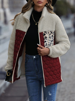 Leopard Color Block Zip-Up Jacket