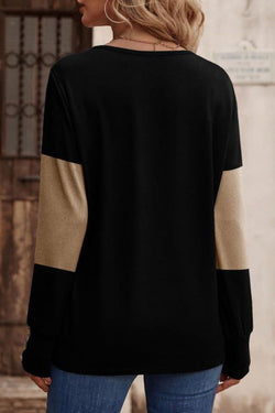 Decorative Button Contrast V-Neck Long Sleeve T-Shirt