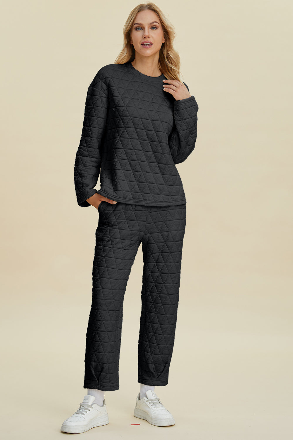 Double Take Full Size Texture Round Neck Long Sleeve Top and Pants Set