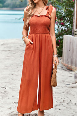 Devine Frill Trim Tie Shoulder Wide Leg Jumpsuit with Pockets