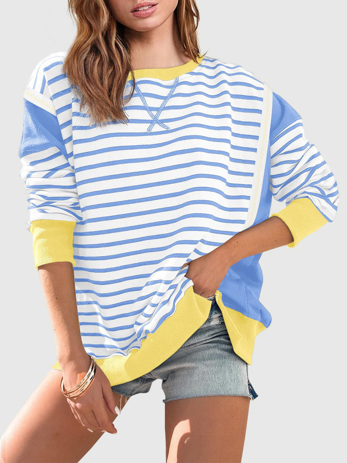 Slit Exposed Seam Striped Long Sleeve Sweatshirt