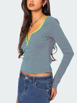 Buttoned Striped Long Sleeve T-Shirt