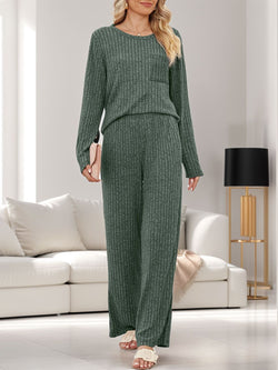 Round Neck Long Sleeve Top and Pants Set