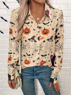 Halloween Printed Collared Neck Long Sleeve Shirt