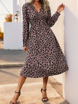 Perfee Leopard Surplice Long Sleeve Midi Dress