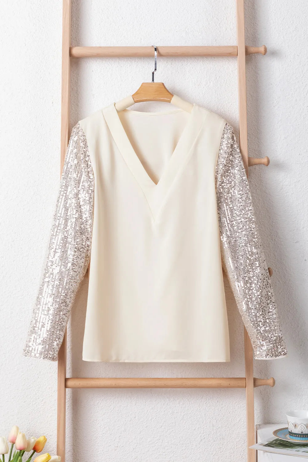 Sequin V-Neck Long Sleeve Blouse