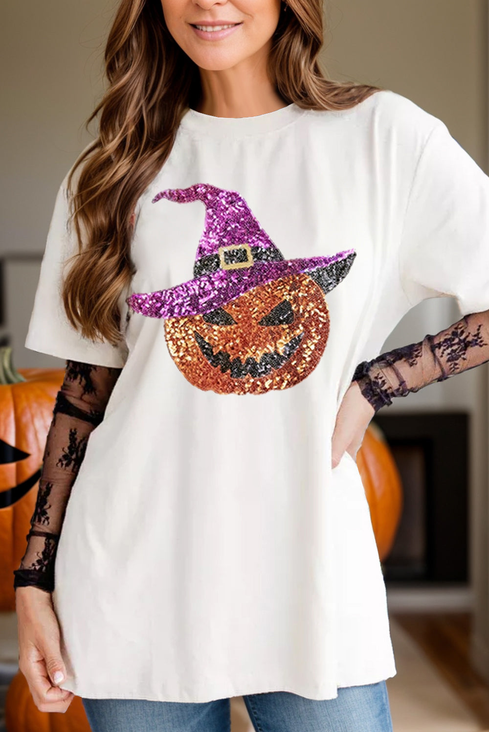 Camiseta de manga corta con cuello redondo y calabaza con lentejuelas