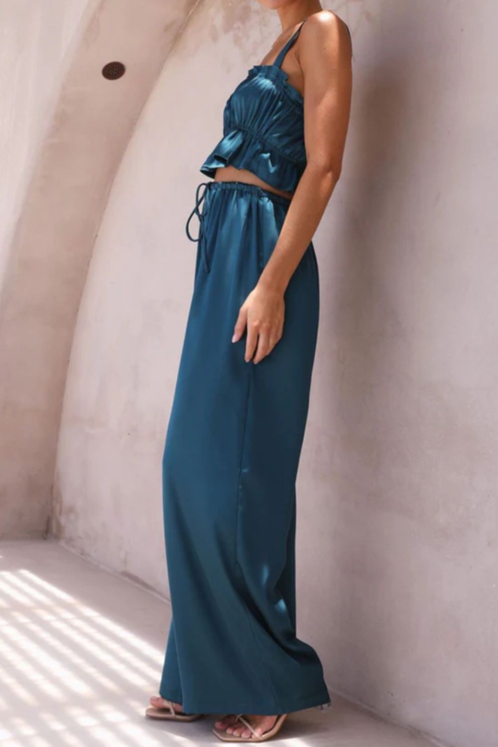 Ruffled Sleeveless Top and Wide Leg Pants Set