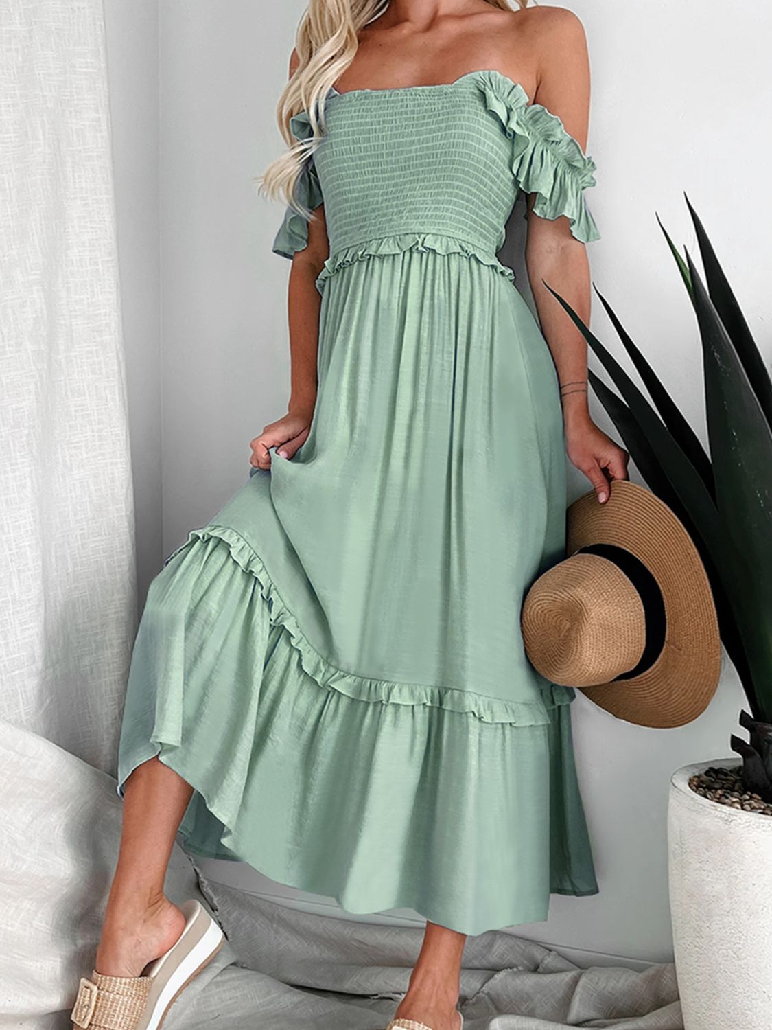 Perfee Frill Smocked Off-Shoulder Ruffle Sleeve Dress