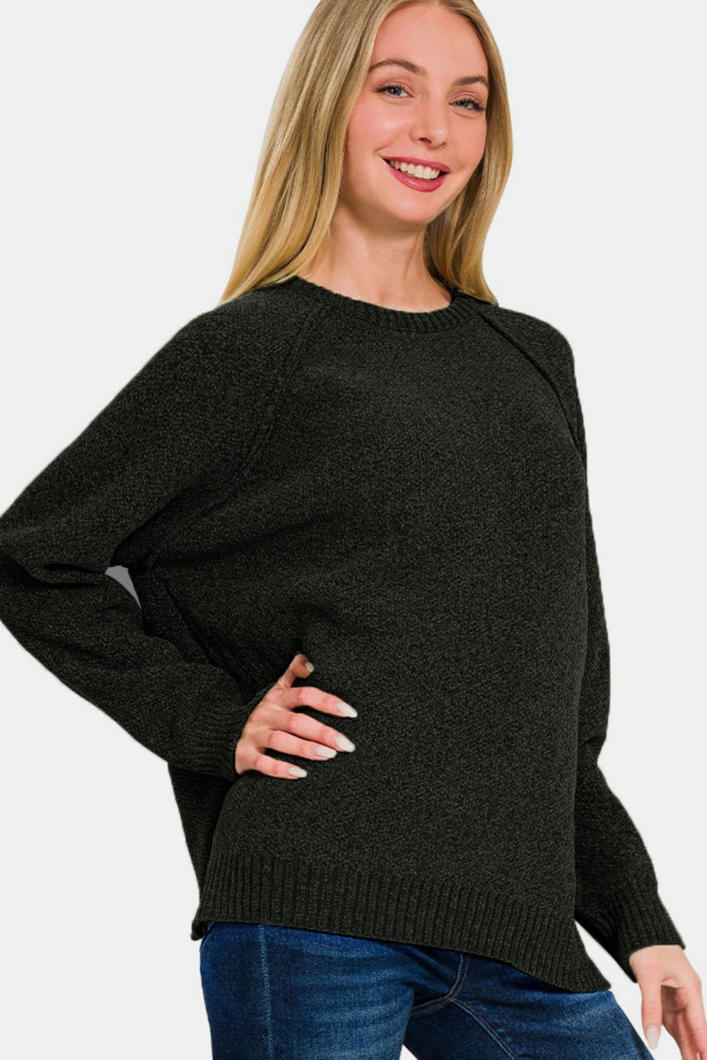 Zenana Side Slit Raglan Sleeve Sweater