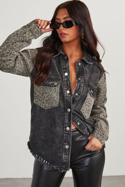 Raw Hem Leopard Snap Down Denim Jacket