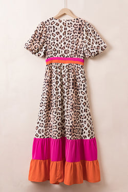 Full Size Leopard V-Neck Half Sleeve Maxi Dress