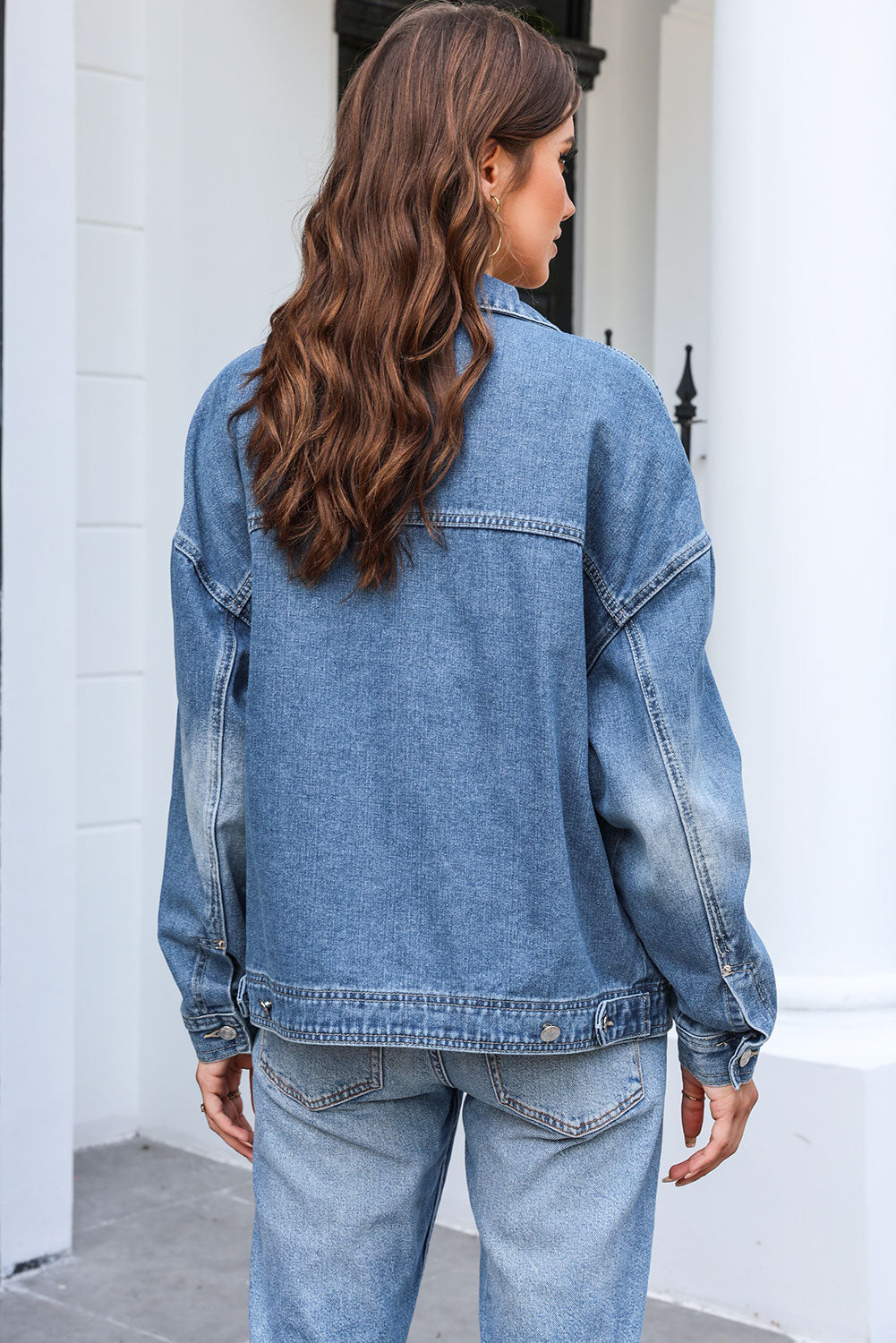 Button Up Dropped Shoulder Denim Jacket with Pockets