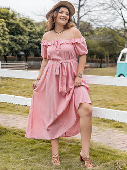 Plus Size Plaid Off-Shoulder Short Sleeve Midi Dress