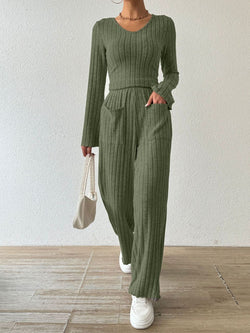 Ribbed V-Neck Long Sleeve Top and Pocketed Pants Set