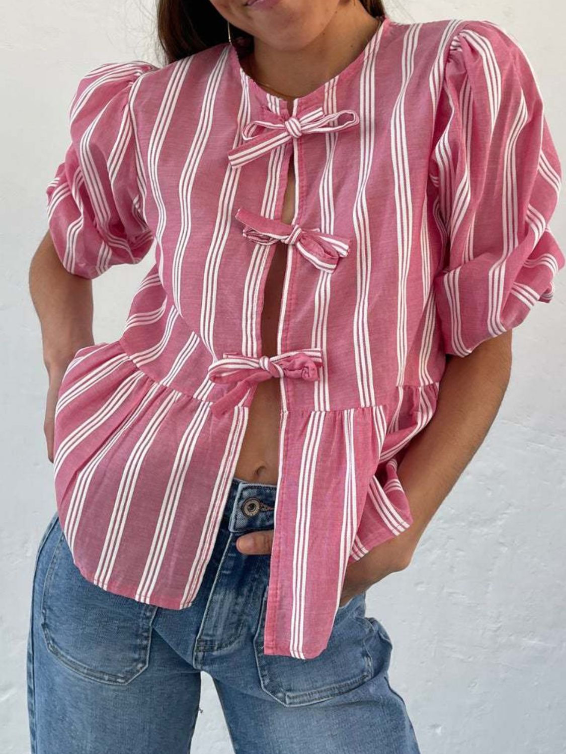 Tied Round Neck Balloon Sleeve Shirt