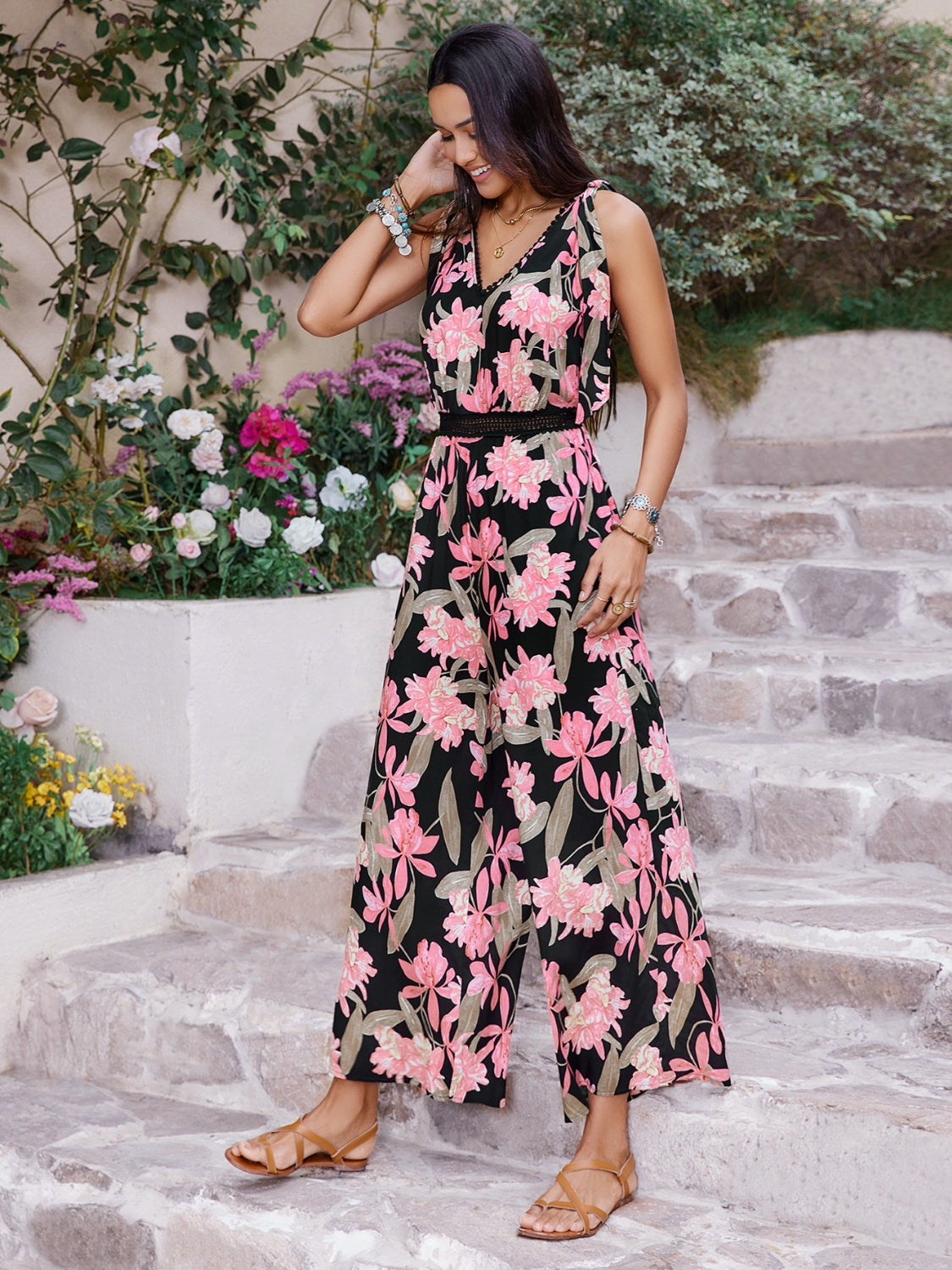 Printed V-Neck Sleeveless Jumpsuit