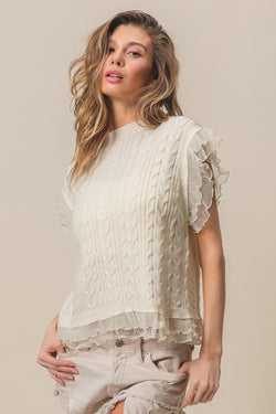 BiBi Layered Pleat Chiffon Edge Cable Knit Top