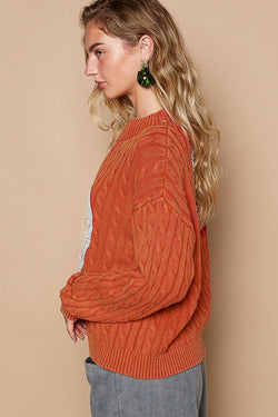 POL Cable-Knit Peace Patch Dropped Shoulder Sweater