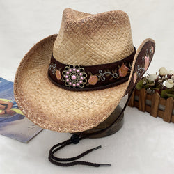 Embroidered Tied Raffia Hat