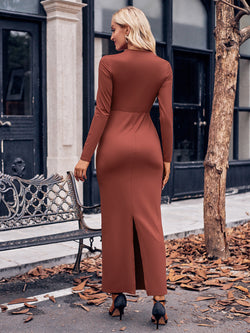 Slit Twisted Surplice Long Sleeve Dress