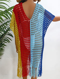 Vestido playero con escote redondo y bloques de color con flecos