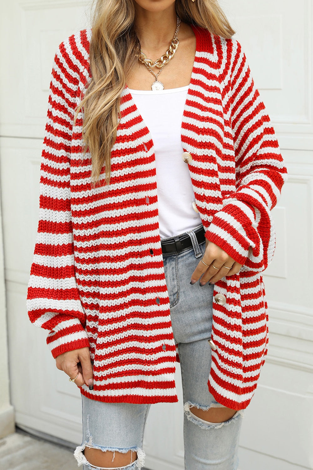 Angel Wings Striped Button Up Long Sleeve Cardigan