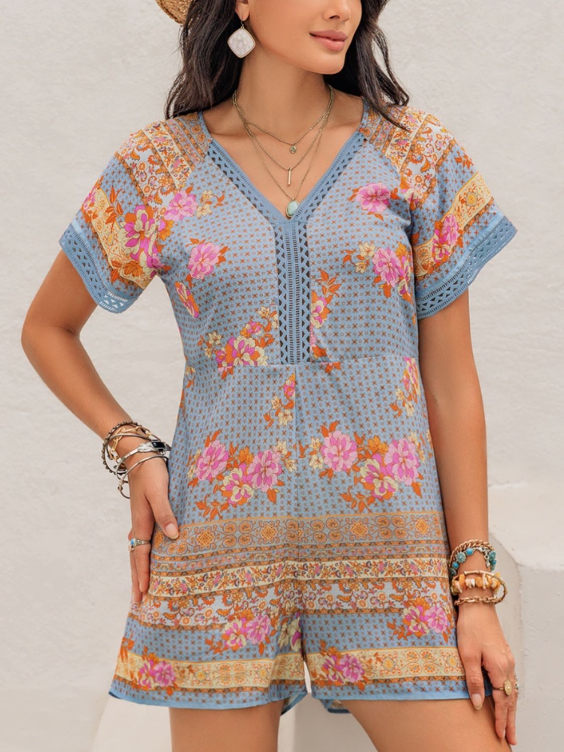 Printed V-Neck Short Sleeve Romper