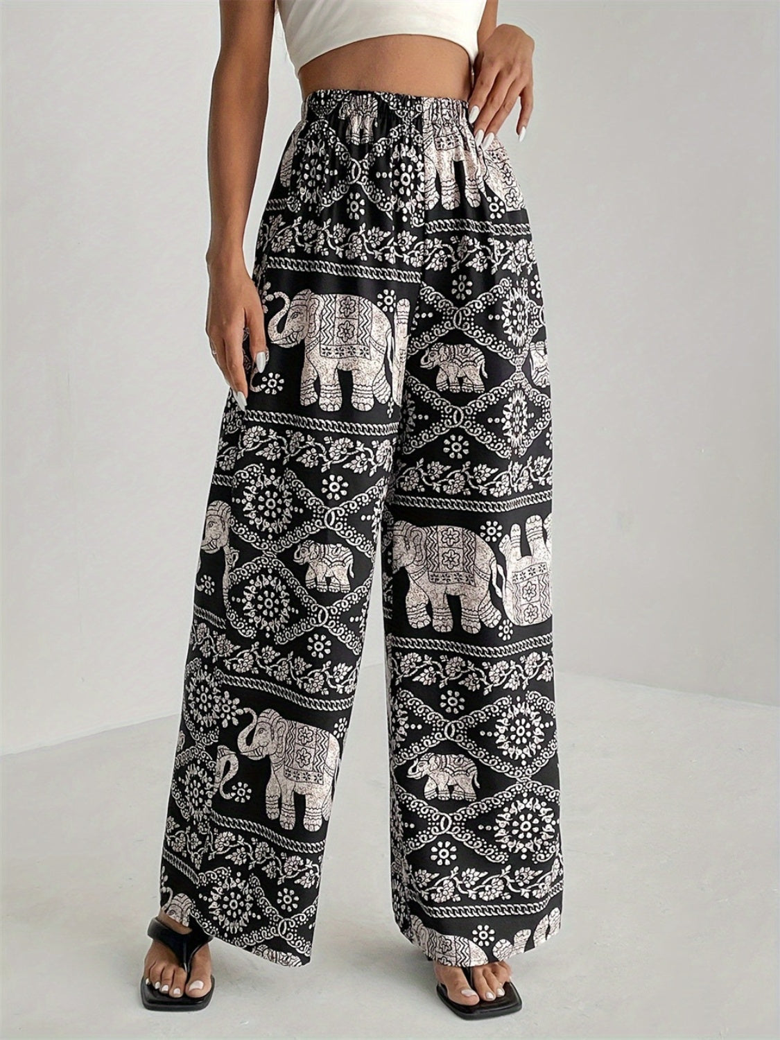 Printed Wide Leg Elastic Waist Pants