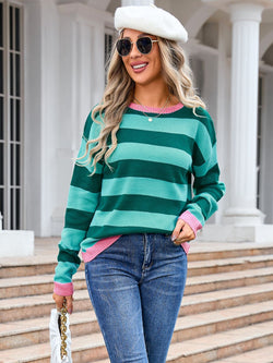 Angel Wings Striped Round Neck Dropped Shoulder Sweater