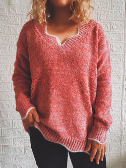 Notched Dropped Shoulder Long Sleeve Sweater