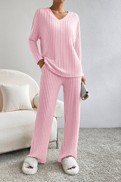 Ribbed V-Neck Top and Pants Lounge Set