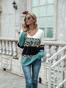 Angel Wings Leopard Color Block V-Neck Sweater