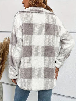 Plaid Dropped Shoulder Long Sleeve Plush Coat