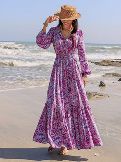 Printed Tie Neck Balloon Sleeve Maxi Dress