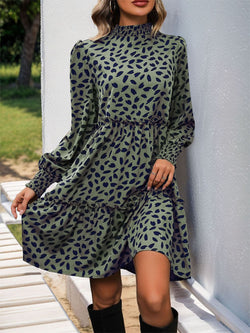 Perfee Frill Printed Mock Neck Long Sleeve Mini Dress