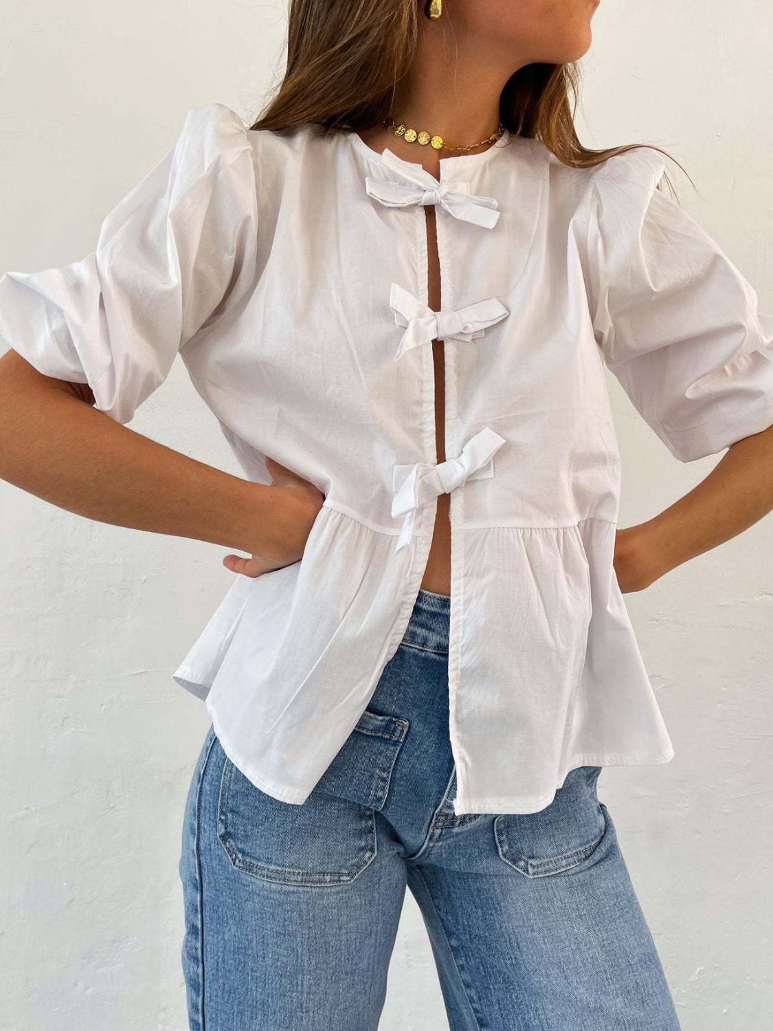 Tied Round Neck Balloon Sleeve Shirt