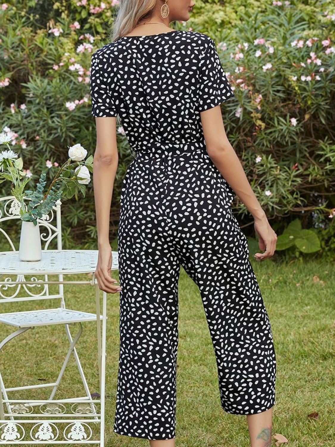 Ivy Lane Printed V-Neck Short Sleeve Jumpsuit