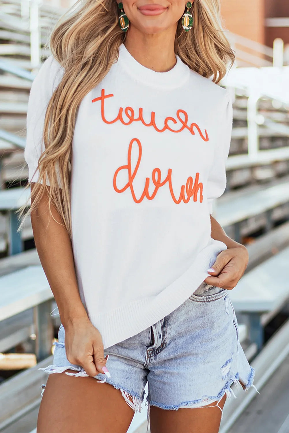 TOUCH DOWN Mock Neck Short Sleeve Knit Top