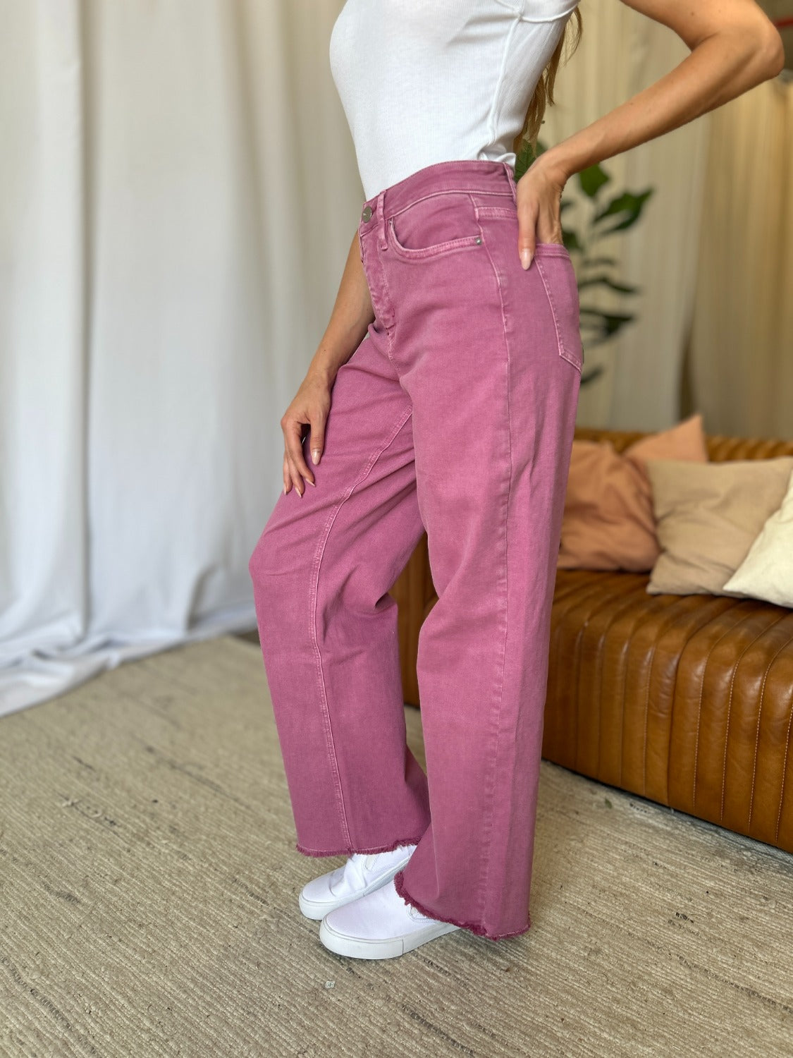 Pantalones vaqueros de pierna ancha teñidos con talle alto y talla grande RFM